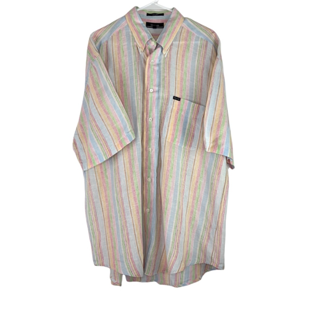 Faconnable Linen Short Sleeve Button Down Shirt Pastels Vertical Stripe